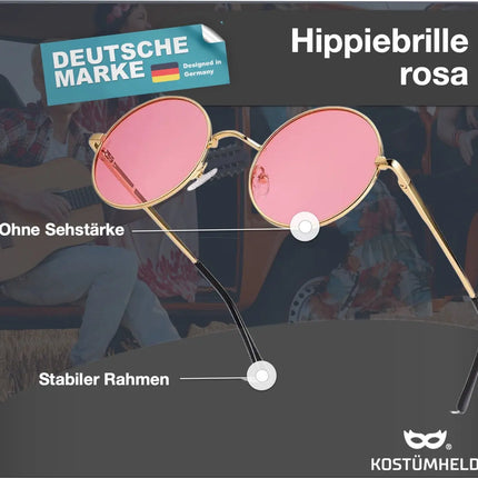 Hippie Sonnenbrille Fasching rund rosa Accessoires für Fasching & Karneval - 70er 80er Jahre