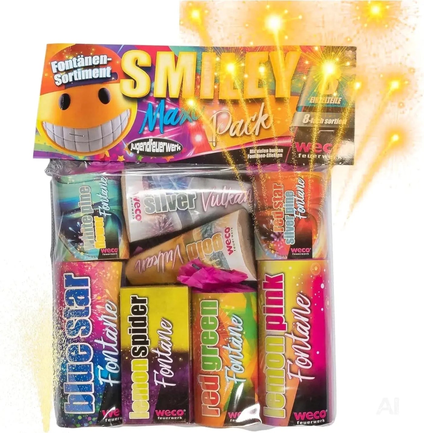 Hochwertiges Jugendfeuerwerk: Happy Sparks® Smiley Maxi Pack - 8-teiliges