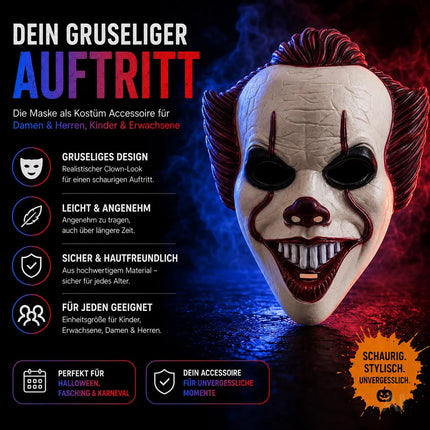 Horror Clown Maske als Kostüm Accessoire für Damen & Herren, Kinder & Erwachsene an Halloween & Fasching & Karneval
