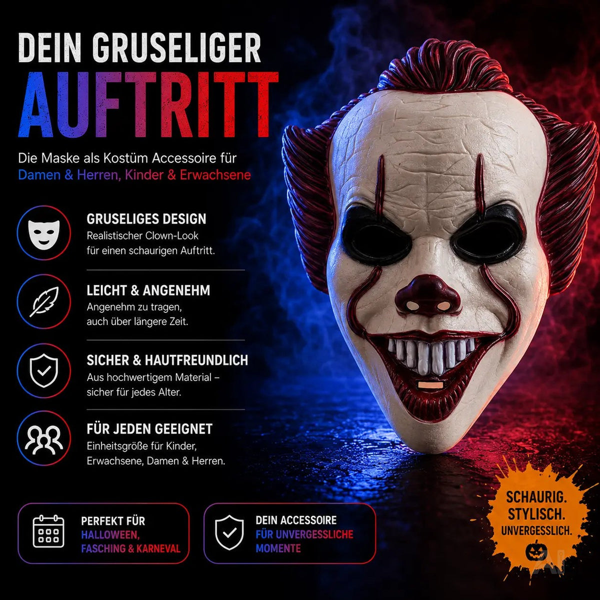 Horror Clown Maske als Kostüm Accessoire für Damen & Herren, Kinder & Erwachsene an Halloween – Detailansicht 2