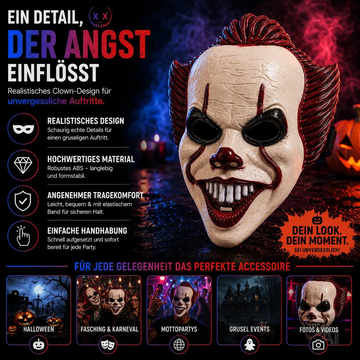 Horror Clown Maske als Kostüm Accessoire für Damen & Herren, Kinder & Erwachsene an Halloween – Detailansicht 3