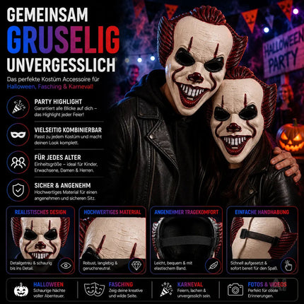 Horror Clown Maske als Kostüm Accessoire für Damen & Herren, Kinder & Erwachsene an Halloween & Fasching & Karneval