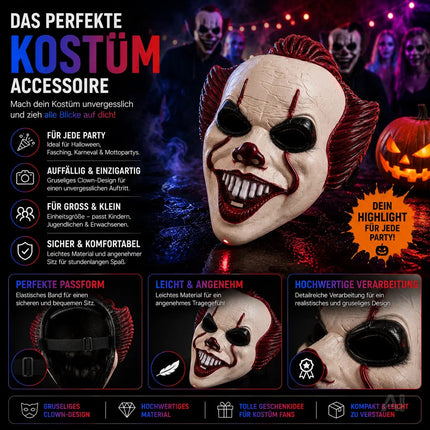 Horror Clown Maske als Kostüm Accessoire für Damen & Herren, Kinder & Erwachsene an Halloween & Fasching & Karneval