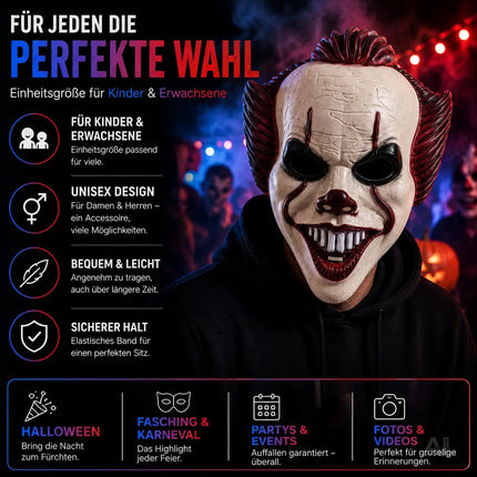 Horror Clown Maske als Kostüm Accessoire für Damen & Herren, Kinder & Erwachsene an Halloween & Fasching & Karneval