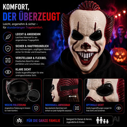 Horror Clown Maske als Kostüm Accessoire für Damen & Herren, Kinder & Erwachsene an Halloween & Fasching & Karneval