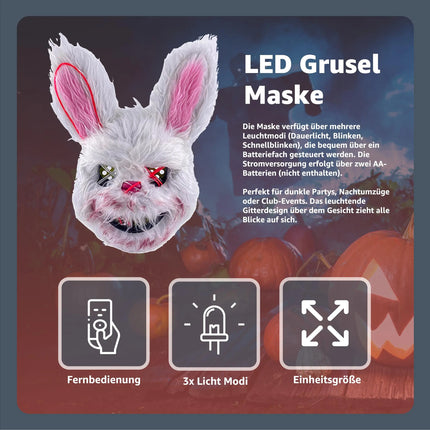 Horror Hase LED Grusel Maske - wie aus Purge steuerbar, Gesicht leuchtend, für Halloween, Fasching & Karneval als Kostüm für Herren & Damen (Horror Hase)