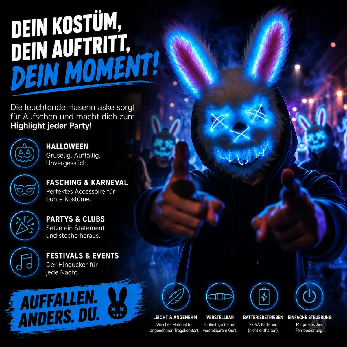 Horror Hase LED Grusel Maske - wie aus Purge steuerbar, Gesicht leuchtend, für Halloween – Detailansicht 6