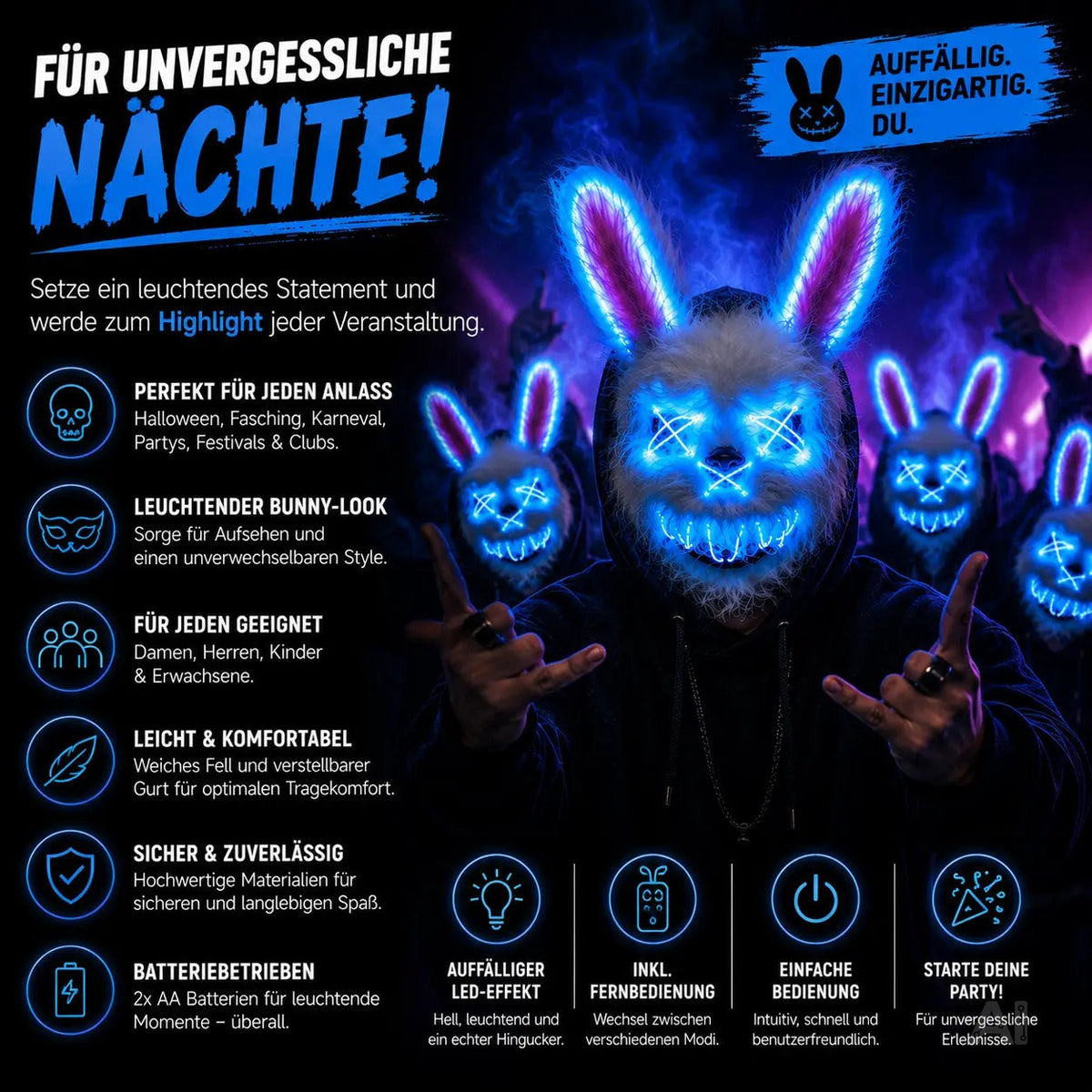 Horror Hase LED Grusel Maske - wie aus Purge steuerbar, Gesicht leuchtend, für Halloween – Detailansicht 2