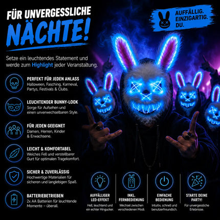 Horror Hase LED Grusel Maske - wie aus Purge steuerbar, Gesicht leuchtend, für Halloween, Fasching & Karneval als Kostüm für Herren & Damen (LED Horror Hase)