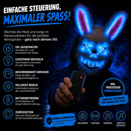 Horror Hase LED Grusel Maske - wie aus Purge steuerbar, Gesicht leuchtend, für Halloween, Fasching & Karneval als Kostüm für Herren & Damen (LED Horror Hase)