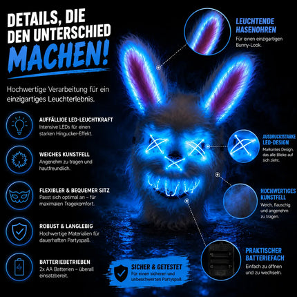 Horror Hase LED Grusel Maske - wie aus Purge steuerbar, Gesicht leuchtend, für Halloween, Fasching & Karneval als Kostüm für Herren & Damen (LED Horror Hase)