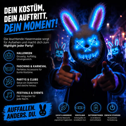 Horror Hase LED Grusel Maske - wie aus Purge steuerbar, Gesicht leuchtend, für Halloween, Fasching & Karneval als Kostüm für Herren & Damen (LED Horror Hase)