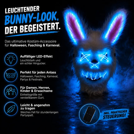 Horror Hase LED Grusel Maske - wie aus Purge steuerbar, Gesicht leuchtend, für Halloween, Fasching & Karneval als Kostüm für Herren & Damen (LED Horror Hase)