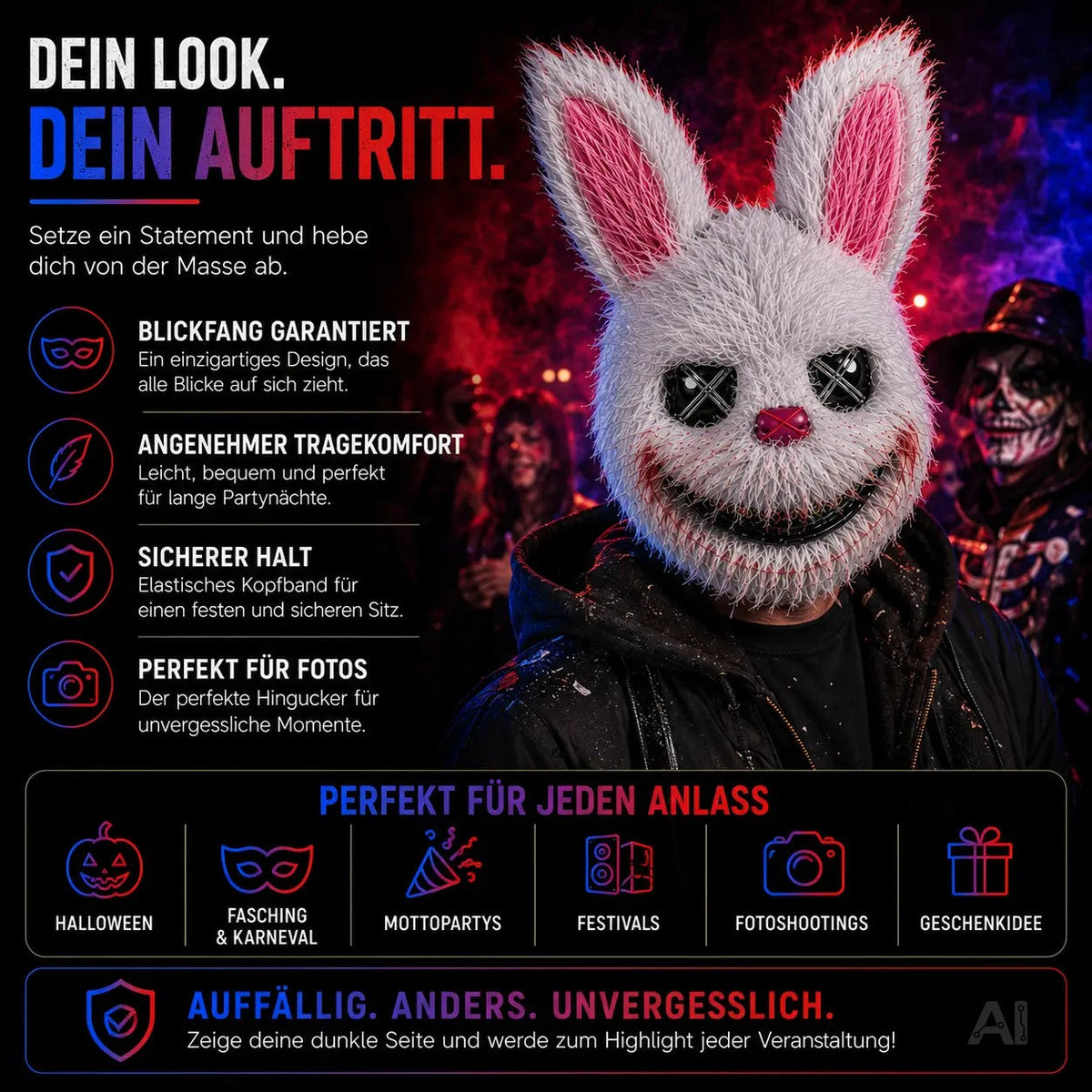 Horror Hase Maske als Kostüm Accessoire für Damen & Herren, Kinder & Erwachsene an Halloween – Detailansicht 2