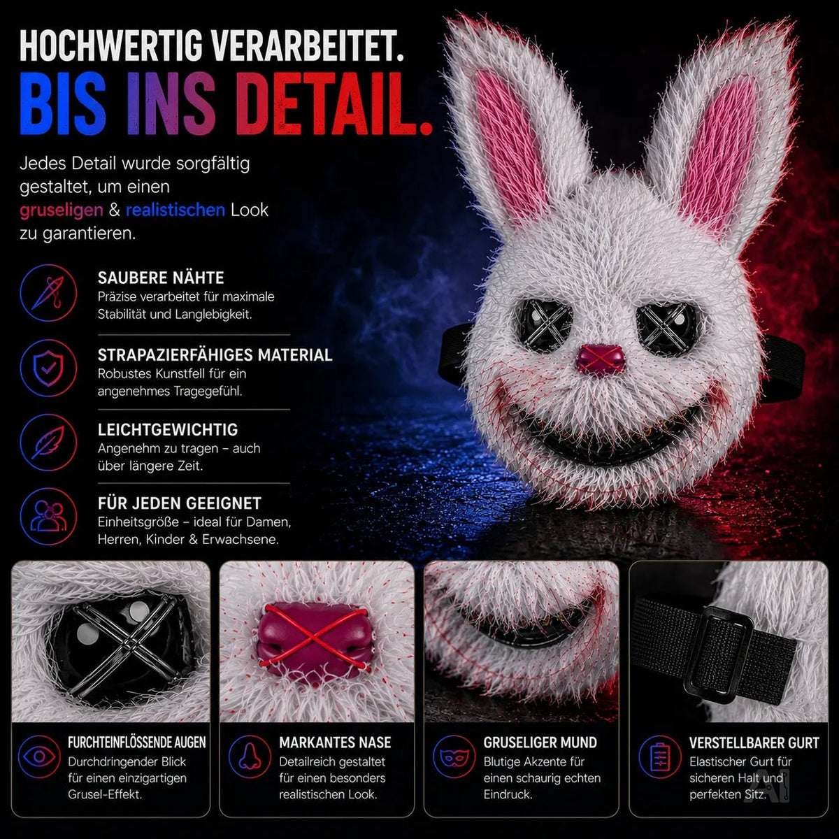 Horror Hase Maske als Kostüm Accessoire für Damen & Herren, Kinder & Erwachsene an Halloween – Detailansicht 3