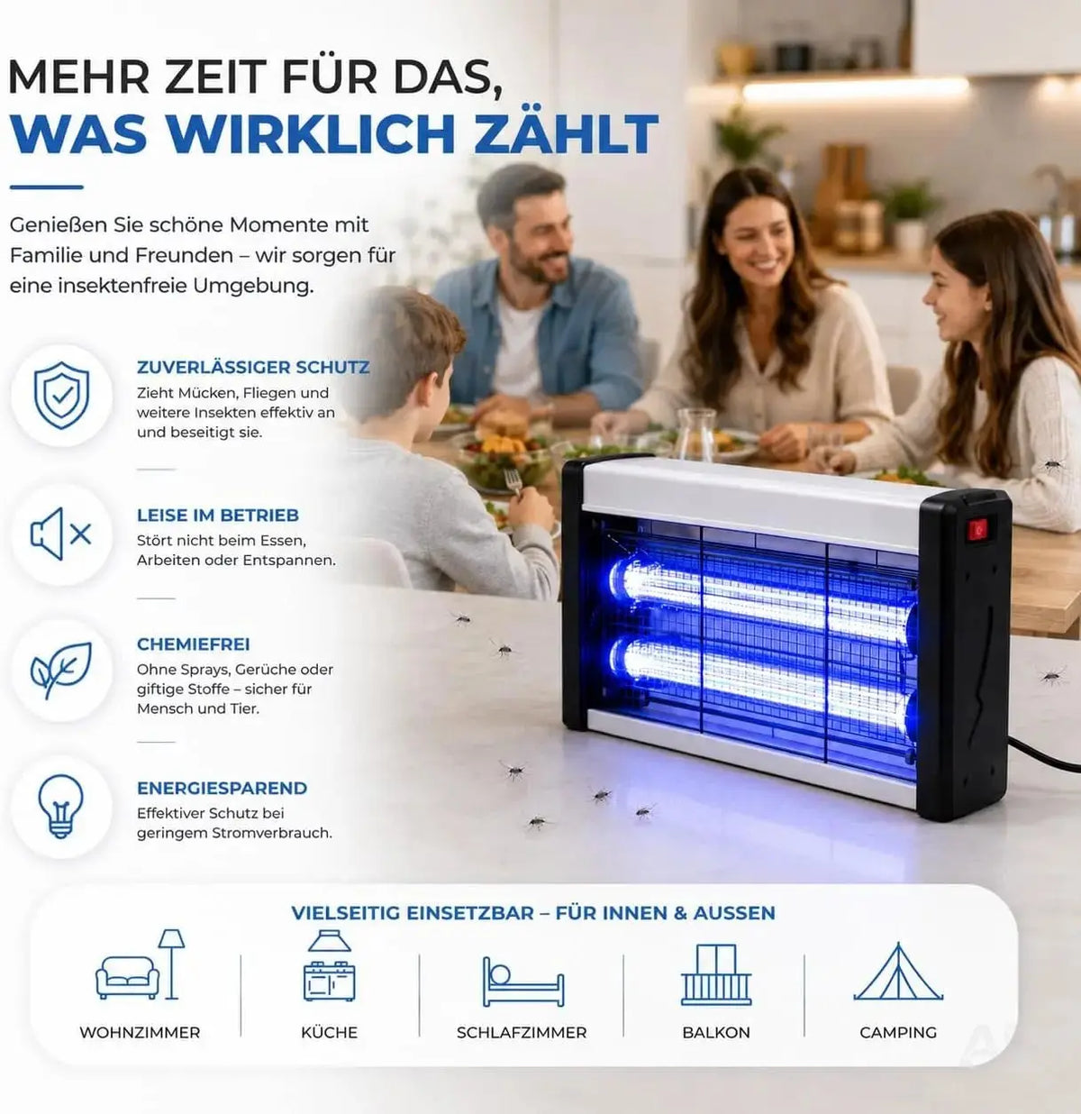 Insektenvernichter elektrisch – Mückenlampe mit UV-Licht – Mückenfalle & Fliegenfalle für effektive Mückenabwehr gegen Insekten (Eckig)