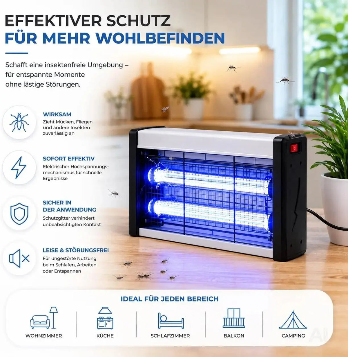 Insektenvernichter elektrisch – Mückenlampe mit UV-Licht – Mückenfalle & Fliegenfalle für effektive Mückenabwehr gegen Insekten (Eckig)