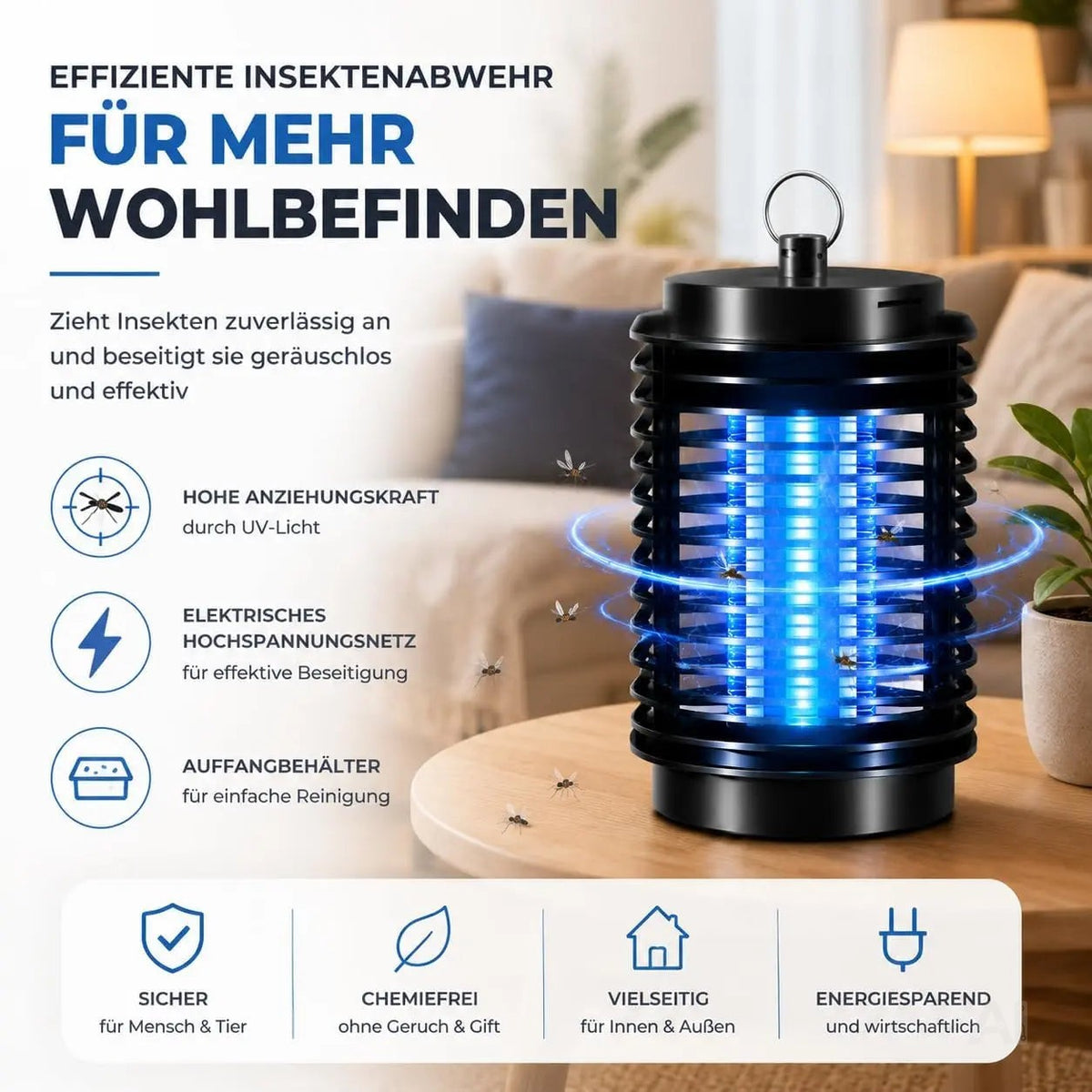 Insektenvernichter elektrisch – Mückenlampe mit UV-Licht – Mückenfalle & Fliegenfalle für effektive Mückenabwehr gegen Insekten (Rund)
