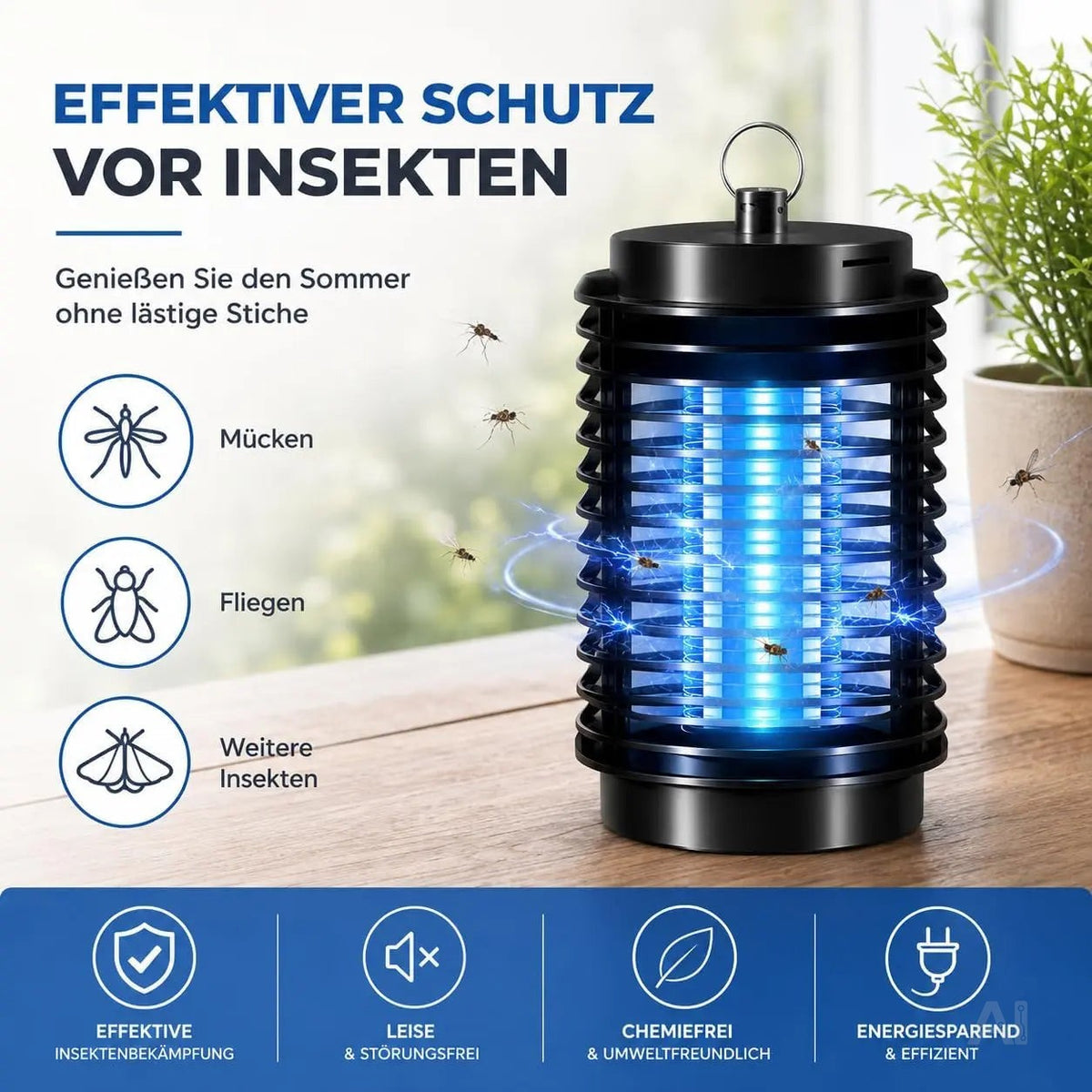 Insektenvernichter elektrisch – Mückenlampe mit UV-Licht – Mückenfalle & Fliegenfalle für effektive Mückenabwehr gegen Insekten (Rund)
