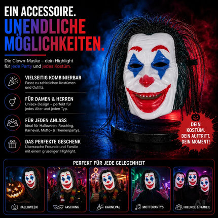 Joker Maske als Kostüm Accessoire für Damen & Herren, Kinder & Erwachsene an Halloween & Fasching & Karneval