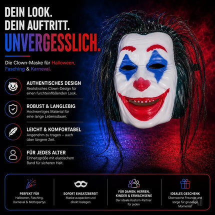 Joker Maske als Kostüm Accessoire für Damen & Herren, Kinder & Erwachsene an Halloween & Fasching & Karneval