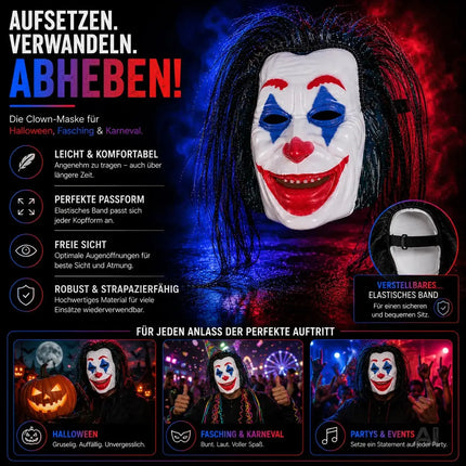 Joker Maske als Kostüm Accessoire für Damen & Herren, Kinder & Erwachsene an Halloween & Fasching & Karneval
