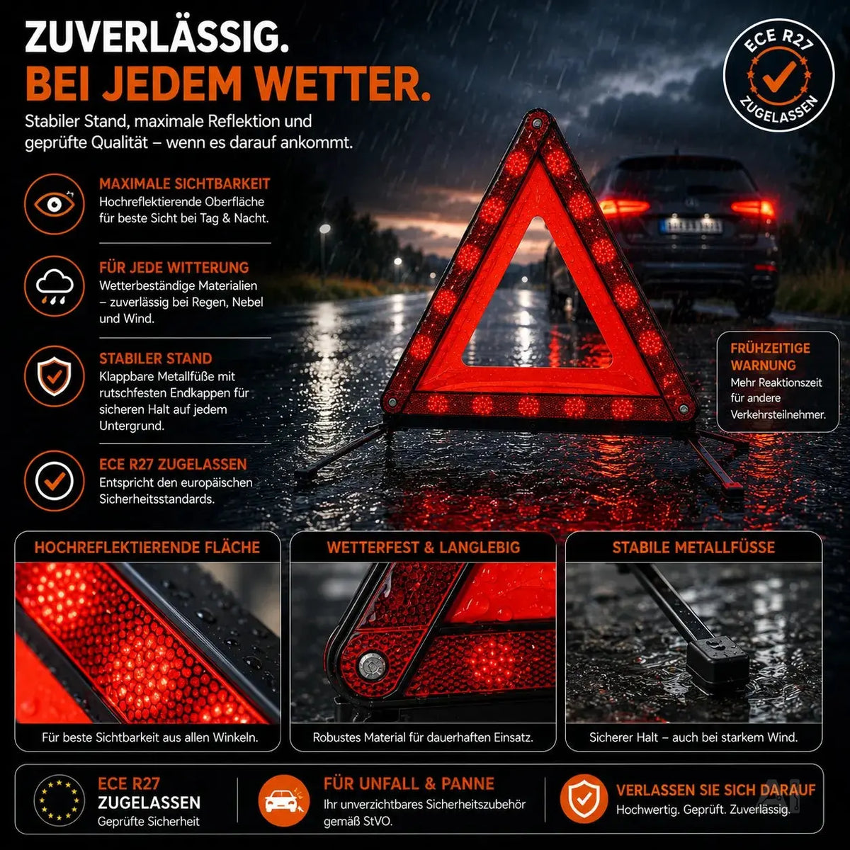 KFZ Warndreieck rot, Dreieck Pannendreieck ECE R27 2026 Auto Triangle für Unfall & Pannen – Detailansicht 6