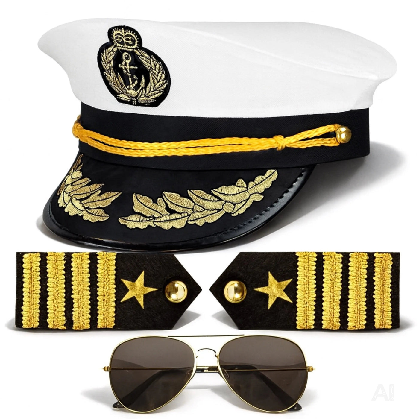 Kostüm Set Kapitän – mit Kapitänsmütze, Matrosenmütze, Seemannsmütze, Mütze Marine Matrose, Zigarre, Kette Anker – für Fasching Karneval Herren und Damen