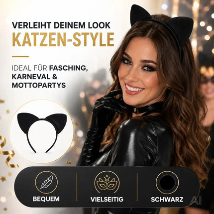 Katzen Haarreif Ohren Kostüm Catwomen für Damen – schwarz Haarband für Fasching & Karneval – Haarband Katzenohren für Erwachsene & Kinder
