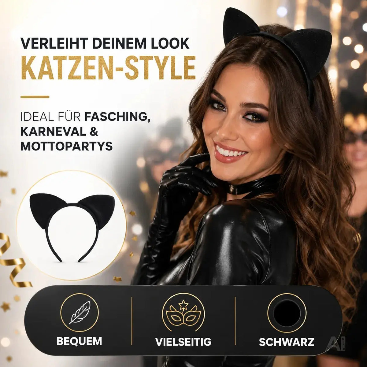 Katzen Haarreif Ohren Kostüm Catwomen für Damen – schwarz Haarband für Fasching & Karneval – Detailansicht 2