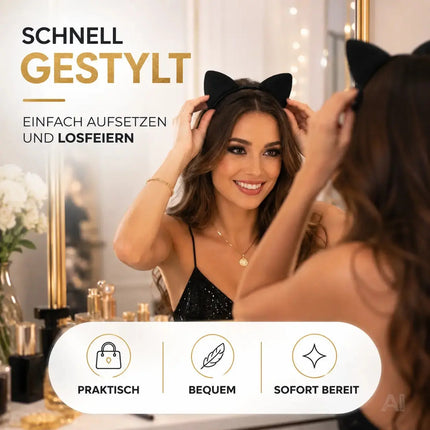 Katzen Haarreif Ohren Kostüm Catwomen für Damen – schwarz Haarband für Fasching & Karneval – Haarband Katzenohren für Erwachsene & Kinder