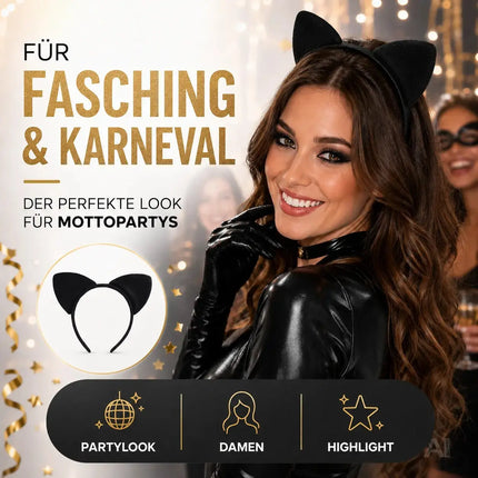Katzen Haarreif Ohren Kostüm Catwomen für Damen – schwarz Haarband für Fasching & Karneval – Haarband Katzenohren für Erwachsene & Kinder