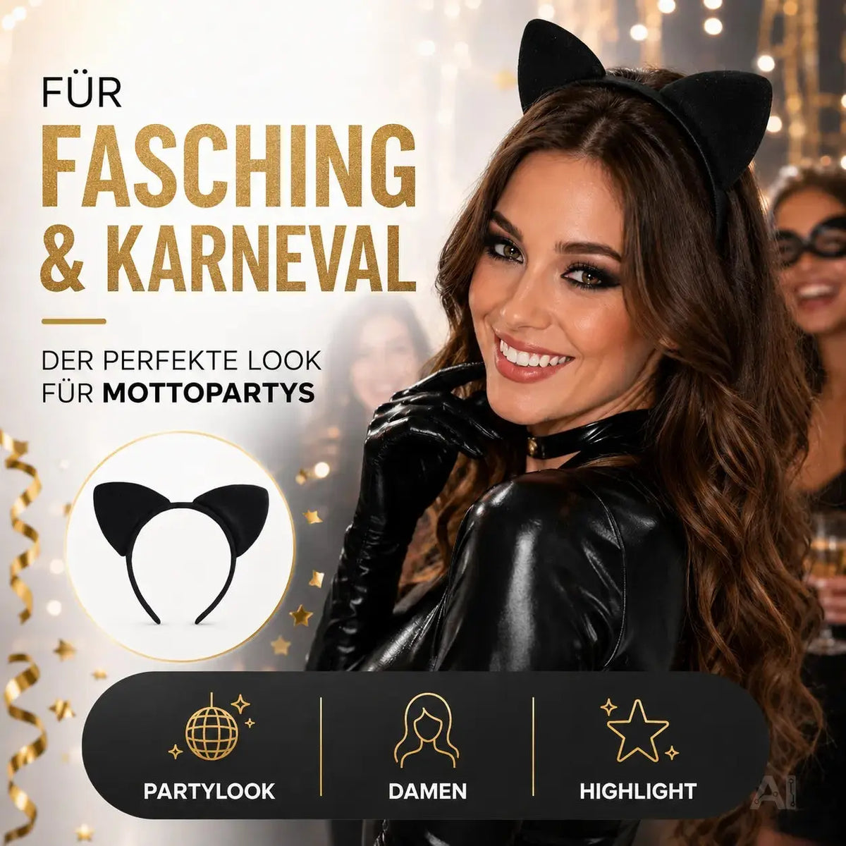Katzen Haarreif Ohren Kostüm Catwomen für Damen – schwarz Haarband für Fasching & Karneval – Detailansicht 6