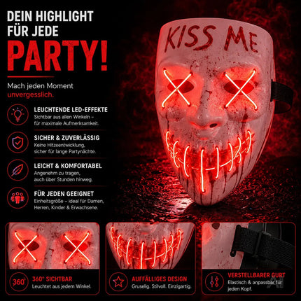 Kiss Me LED Grusel Maske - wie aus Purge steuerbar, Gesicht leuchtend, für Halloween, Fasching & Karneval als Kostüm für Herren & Damen (Kiss Me LED)