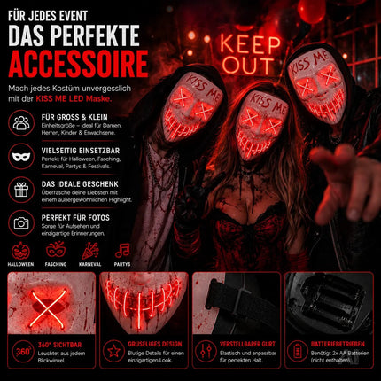 Kiss Me LED Grusel Maske - wie aus Purge steuerbar, Gesicht leuchtend, für Halloween, Fasching & Karneval als Kostüm für Herren & Damen (Kiss Me LED)