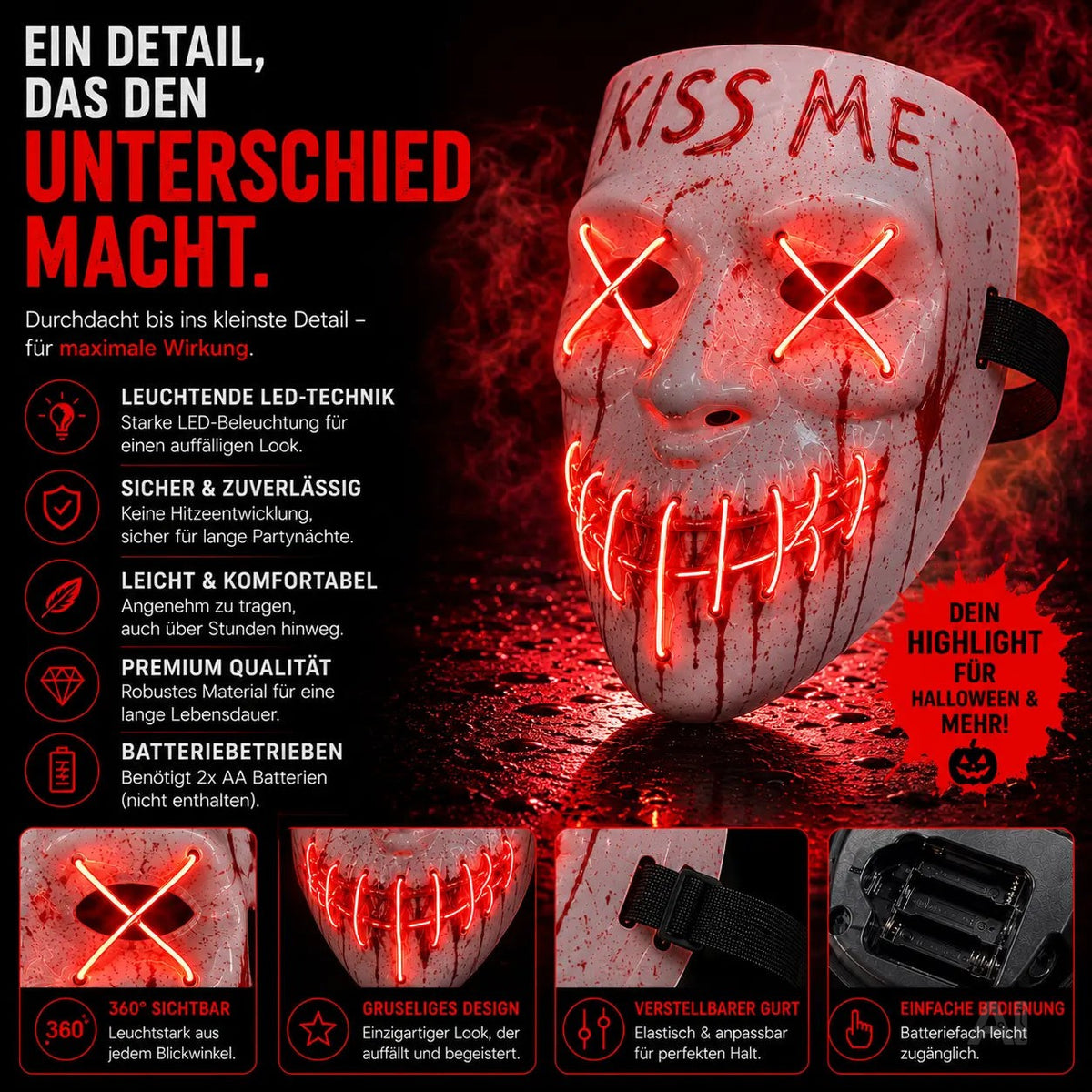 Kiss Me LED Grusel Maske - wie aus Purge steuerbar, Gesicht leuchtend, für Halloween, Fasching – Detailansicht 2
