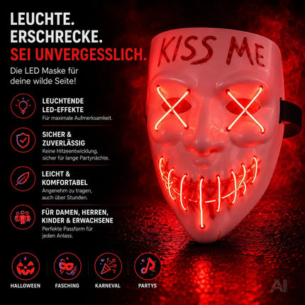 Kiss Me LED Grusel Maske - wie aus Purge steuerbar, Gesicht leuchtend, für Halloween, Fasching & Karneval als Kostüm für Herren & Damen (Kiss Me LED)