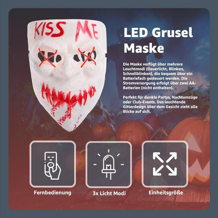 Kiss Me LED Grusel Maske - wie aus Purge steuerbar, Gesicht leuchtend, für Halloween, Fasching & Karneval als Kostüm für Herren & Damen (Kiss Me)