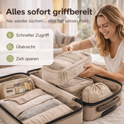 Koffer Organizer 8er Set – Kofferorganizer mit Kosmetiktasche, Packtaschen & Packwürfel für Reisen als Kleidertasche (Beige)