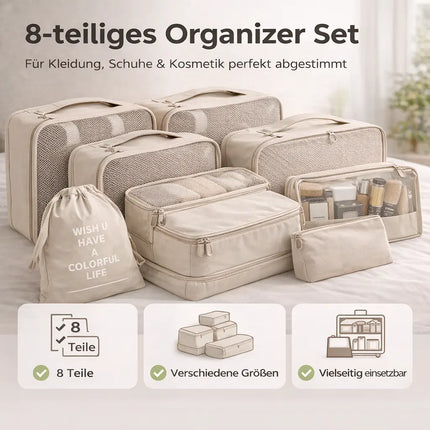 Koffer Organizer 8er Set – Kofferorganizer mit Kosmetiktasche, Packtaschen & Packwürfel für Reisen als Kleidertasche (Beige)