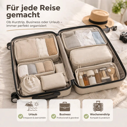 Koffer Organizer 8er Set – Kofferorganizer mit Kosmetiktasche, Packtaschen & Packwürfel für Reisen als Kleidertasche (Beige)