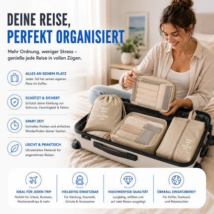 Koffer Organizer 8er Set – Kofferorganizer mit Kosmetiktasche, Packtaschen & Packwürfel für Reisen als Kleidertasche (Beige)