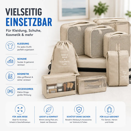Koffer Organizer 8er Set – Kofferorganizer mit Kosmetiktasche, Packtaschen & Packwürfel für Reisen als Kleidertasche (Beige)