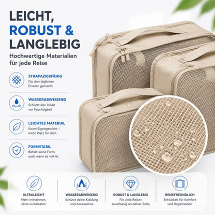 Koffer Organizer 8er Set – Kofferorganizer mit Kosmetiktasche, Packtaschen & Packwürfel für Reisen als Kleidertasche (Beige)