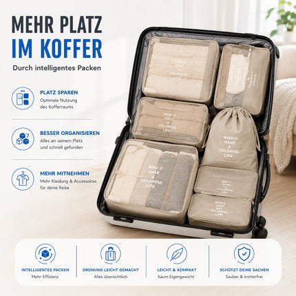 Koffer Organizer 8er Set – Kofferorganizer mit Kosmetiktasche, Packtaschen & Packwürfel für Reisen als Kleidertasche (Beige)