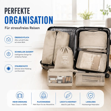 Koffer Organizer 8er Set – Kofferorganizer mit Kosmetiktasche, Packtaschen & Packwürfel für Reisen als Kleidertasche (Beige)