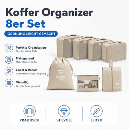 Koffer Organizer 8er Set – Kofferorganizer mit Kosmetiktasche, Packtaschen & Packwürfel für Reisen als Kleidertasche (Beige)