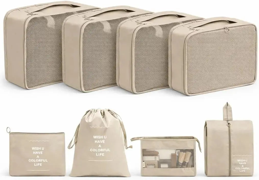 Koffer Organizer 8er Set – Kofferorganizer mit Kosmetiktasche, Packtaschen & Packwürfel für Reisen als Kleidertasche (Beige)