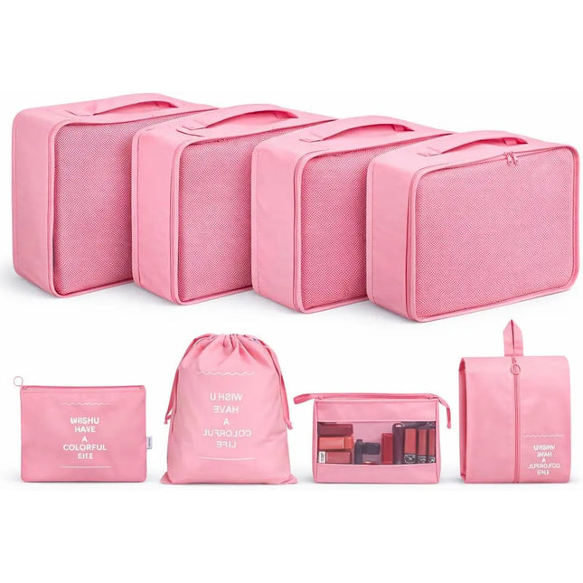 Koffer Organizer 8er Set – Kofferorganizer mit Kosmetiktasche, Packtaschen & Packwürfel für Reisen als Kleidertasche (Pink)