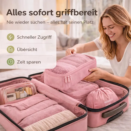Koffer Organizer 8er Set – Kofferorganizer mit Kosmetiktasche, Packtaschen & Packwürfel für Reisen als Kleidertasche (Pink)